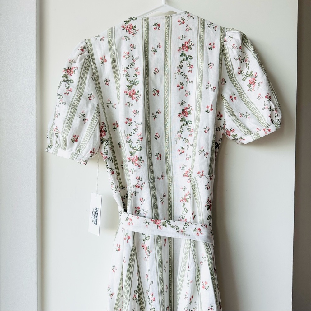 Reformation Cream Floral Stripe Wrap Midi Dress with Pink Blossoms - Picture 8 of 8